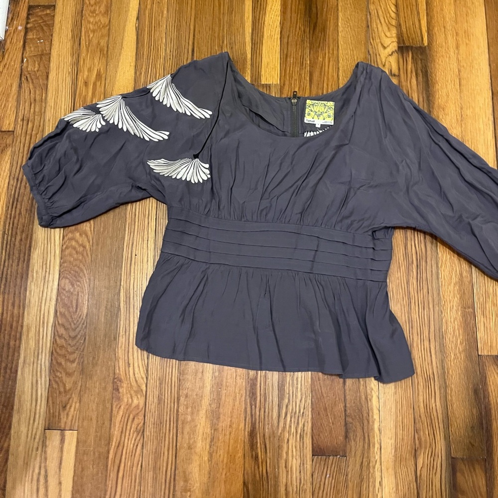 Anthropologie Floreat Gray Blouse with White Embroidery